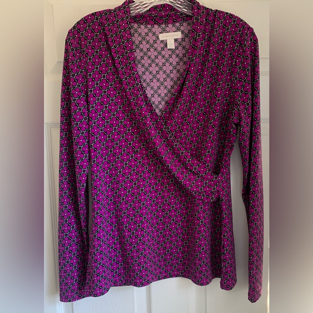 Charter Club Purple and Black Patterned Top V-neck Overlap